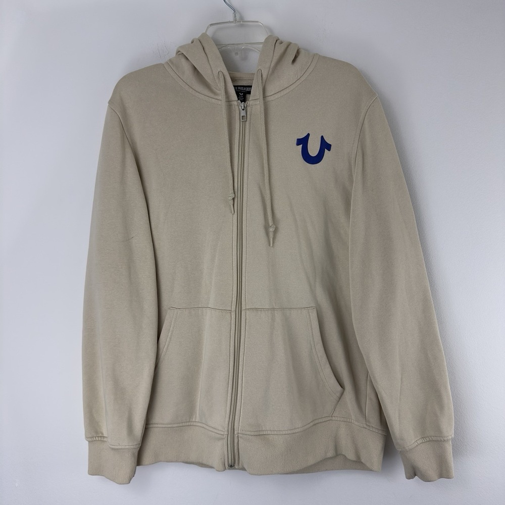 True Religion Men's Buddha Zip‎ Hoodie Beige Full Zip L Graphic Fleece Lined